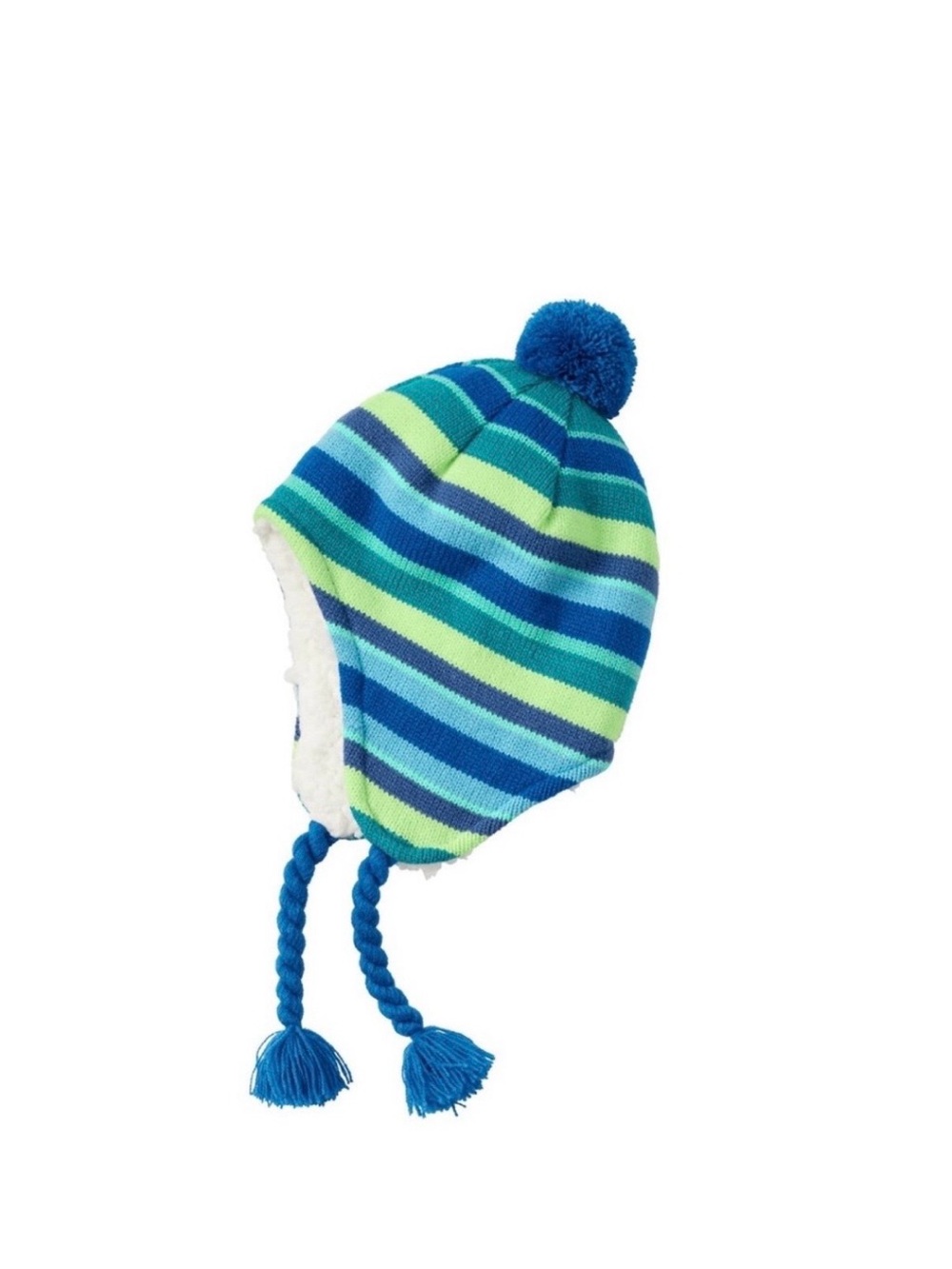 NWT Land’s End Peruvian Trapper Winter Hat Size XS/S Blue Green Stripes Fleece